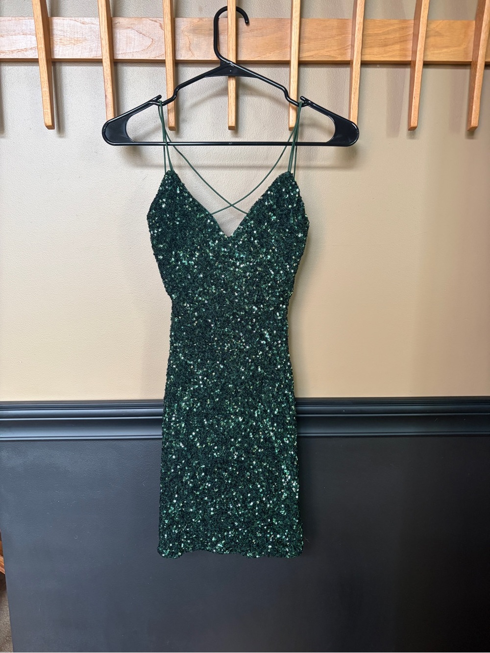 B Darlin Emerald Green Sequin Mini Dress with Crisscross Straps